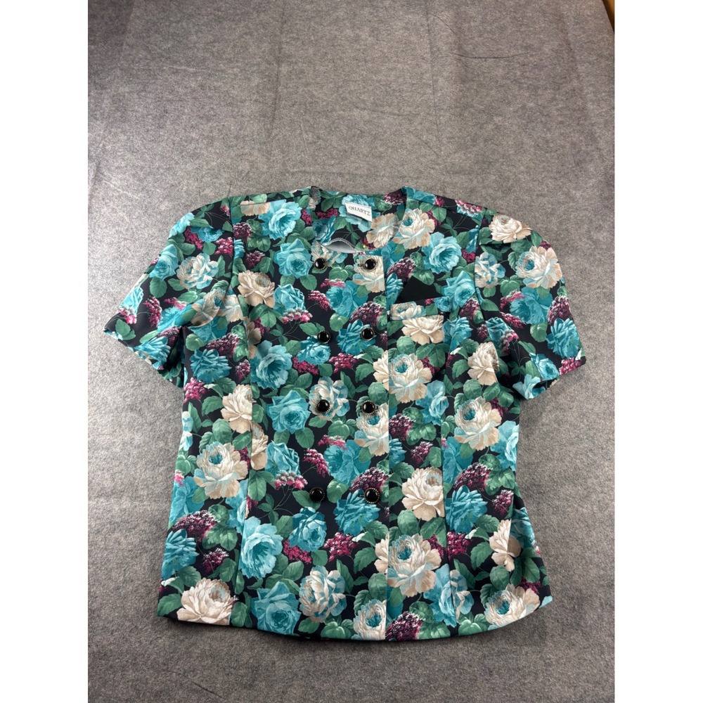 VTG Quartz Floral Short Sleeve Blazer Top Teal Blue Double Breasted 16W USA Prep